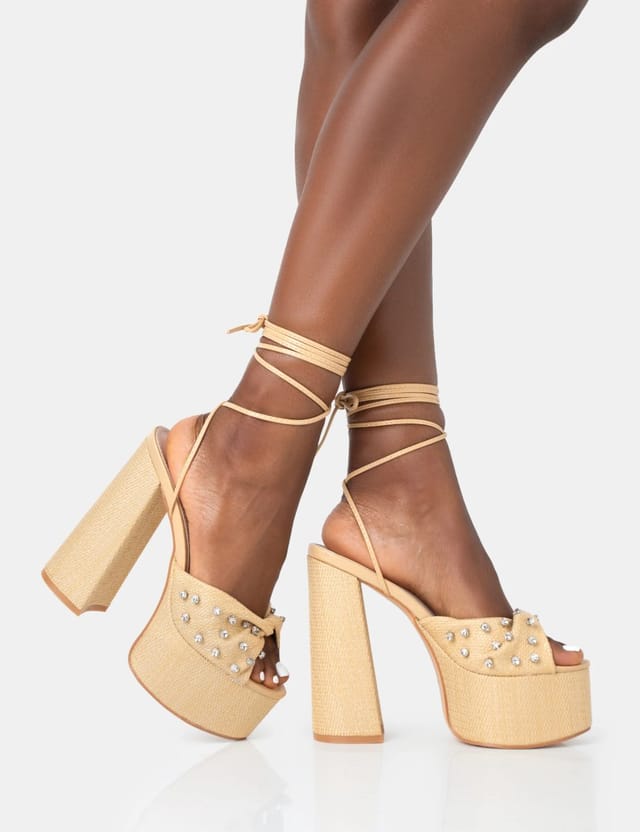 Public Desire Crete Raffia Diamante Twist Strap Lace Up Platform Block Heels - 2