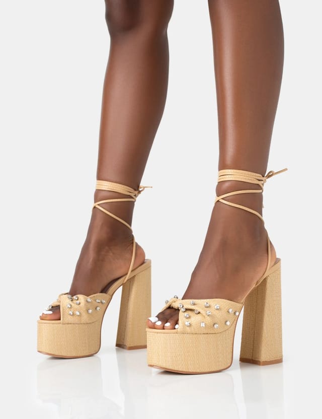 Public Desire Crete Raffia Diamante Twist Strap Lace Up Platform Block Heels - 3
