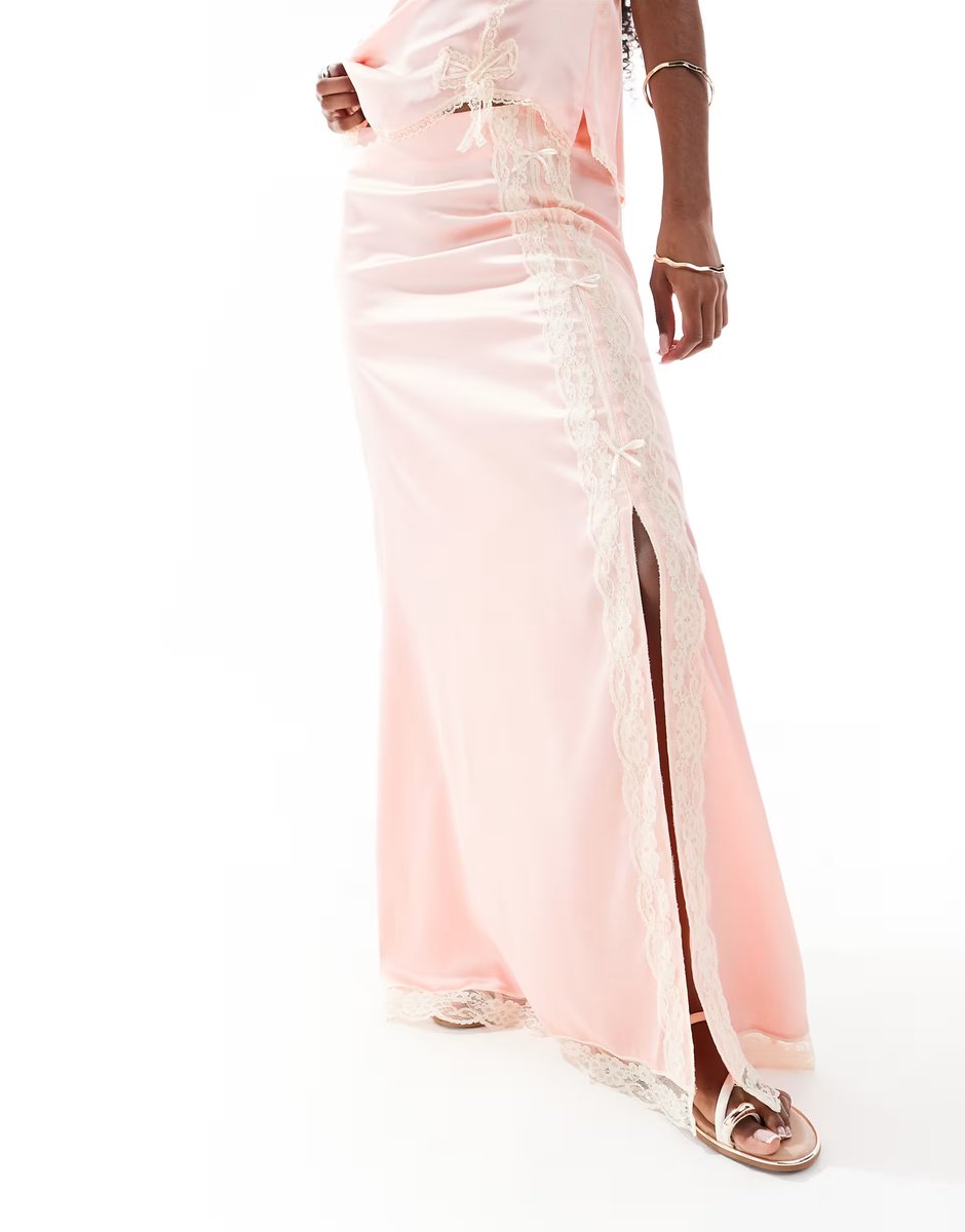 ASOS Miss Selfridge satin and lace maxi skirt co-ord in pink - 4