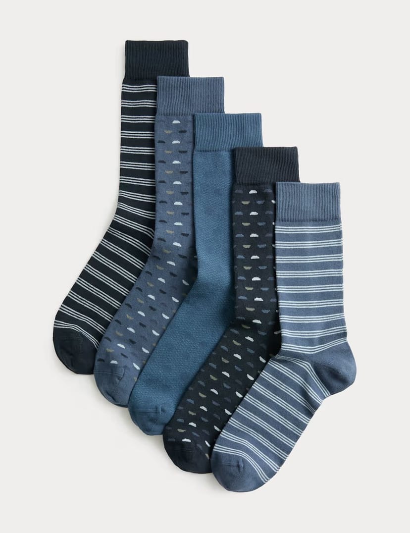 Marks & Spencer M&S 5 Pack Cool & Fresh Geometric Cotton Rich Socks Blue Mix - 1