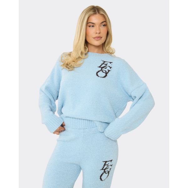 EGO Long Sleeve Crew Neck Ego Graphic Oversized Jumper In Baby Blue Knit, Women's Size UK Large L - 2