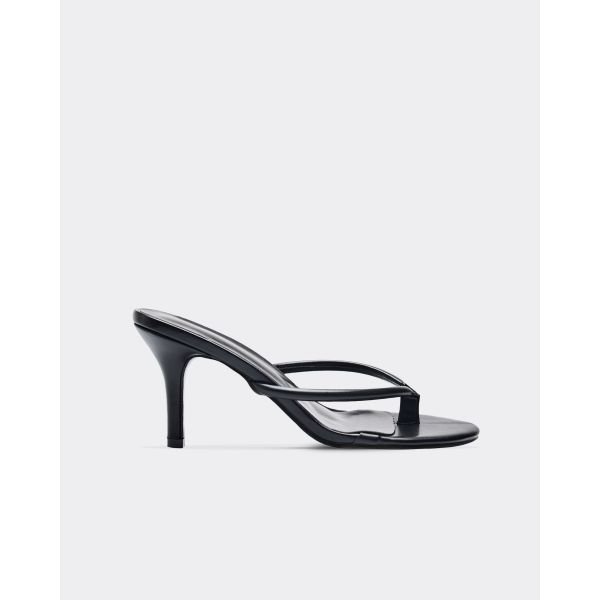 EGO Elphie Thong Strap Heeled Mule In Black Faux Leather, Women's Size UK 3 - 2