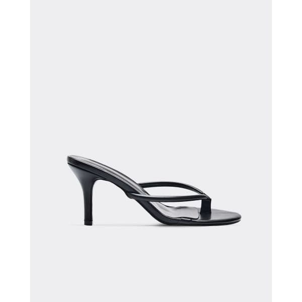 EGO Elphie Thong Strap Heeled Mule In Black Faux Leather, Women's Size UK 3 - 2