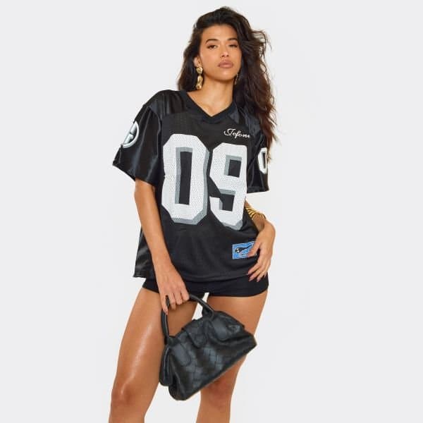 EGO Short Sleeve Contrast Trim Detail Football Varsity Top In Black, Women's Size UK Large L