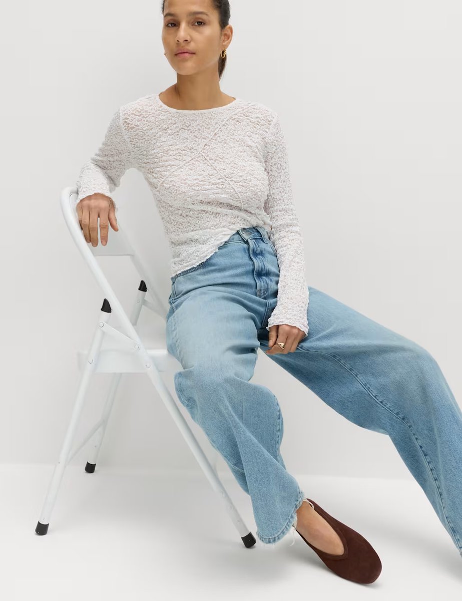 Marks & Spencer M&S Cotton Blend Lace Textured Top Ivory - 3