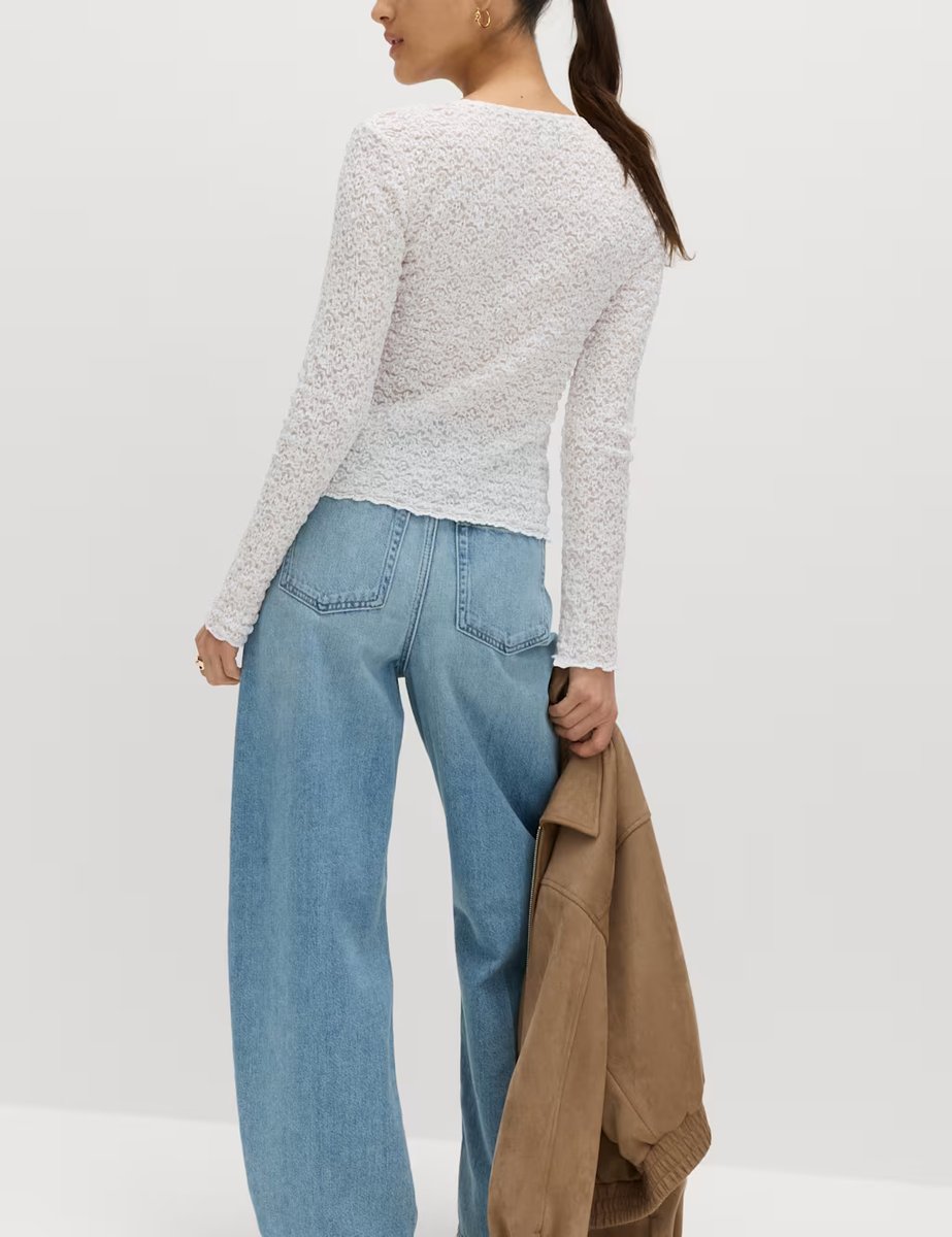 Marks & Spencer M&S Cotton Blend Lace Textured Top Ivory - 4