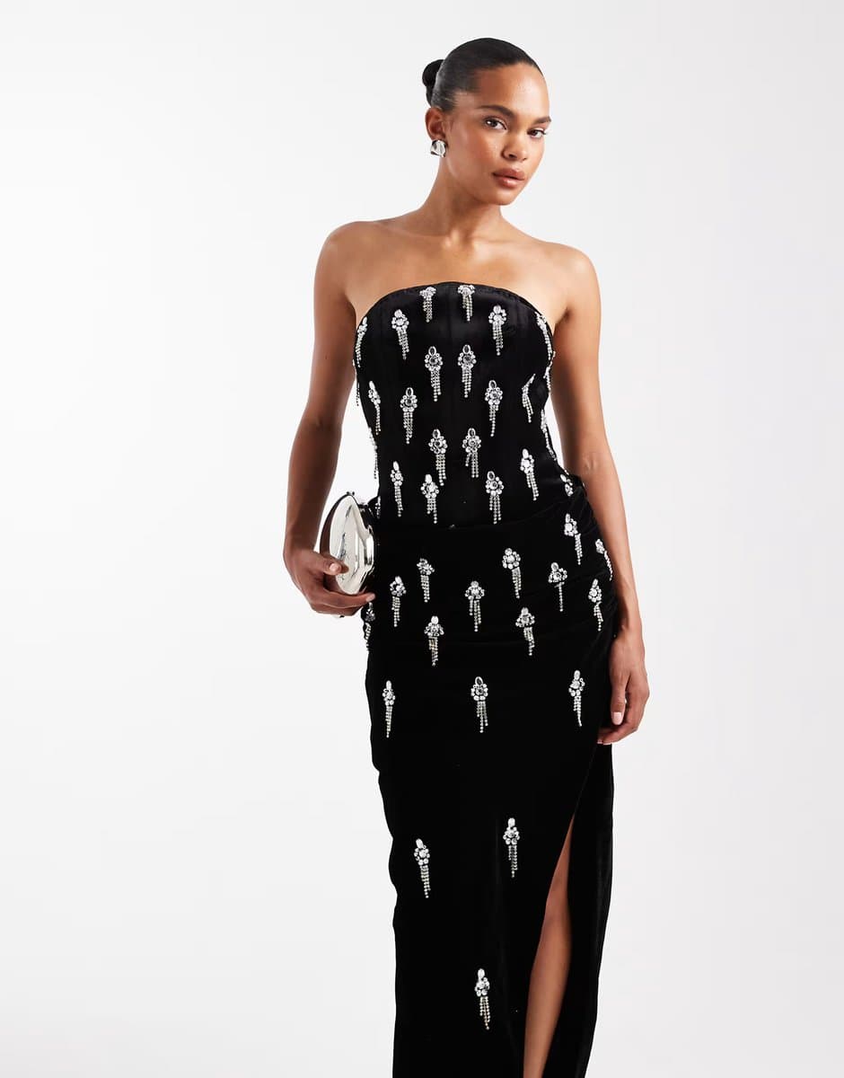 ASOS ASOS DESIGN velvet corset embellished maxi dress with draped skirt overlay in black