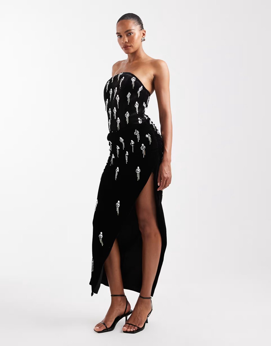 ASOS ASOS DESIGN velvet corset embellished maxi dress with draped skirt overlay in black - 3