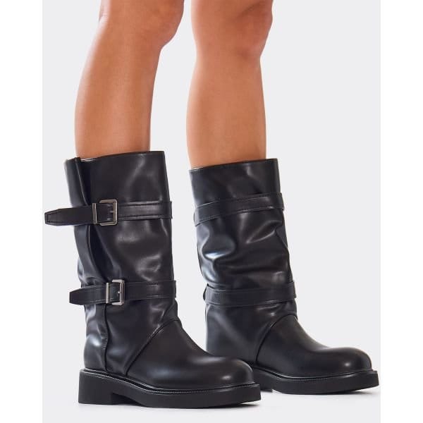 EGO Rulez Double Buckle Mid Calf Biker Boot In Black Faux Leather, Women's Size UK 3 - 2