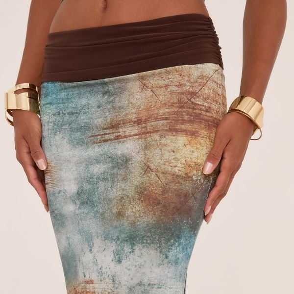 EGO Contrast Fold Over Waistband Maxi Skirt In Green Abstract Print Slinky, Women's Size UK 6 - 2