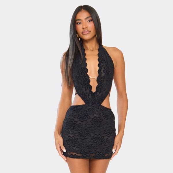 EGO Halterneck Plunge Front Tie Back Detail Cut Out Mini Dress In Black Lace, Women's Size UK 6