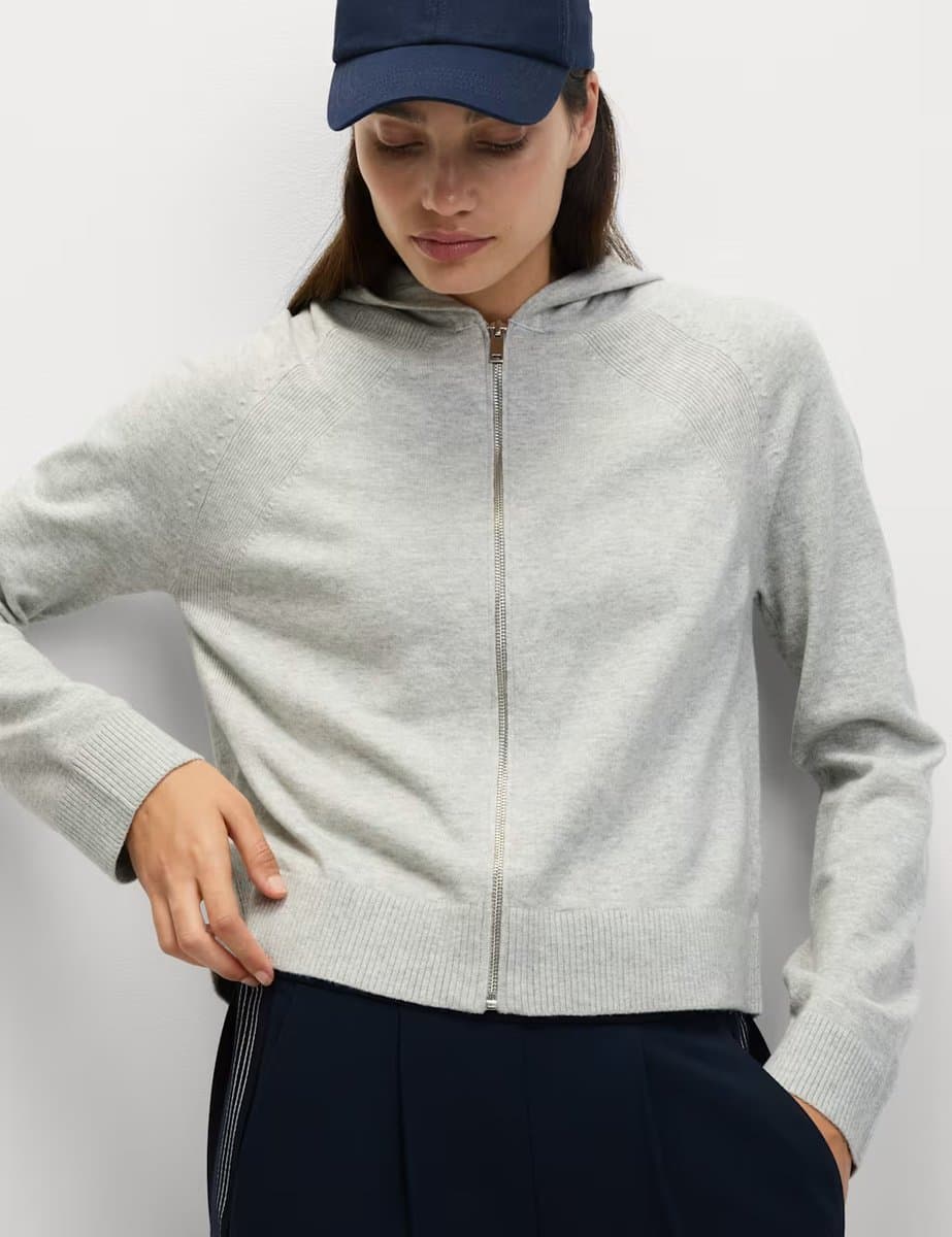Marks & Spencer M&S Knitted Zip Up Cropped Hoodie Light Grey