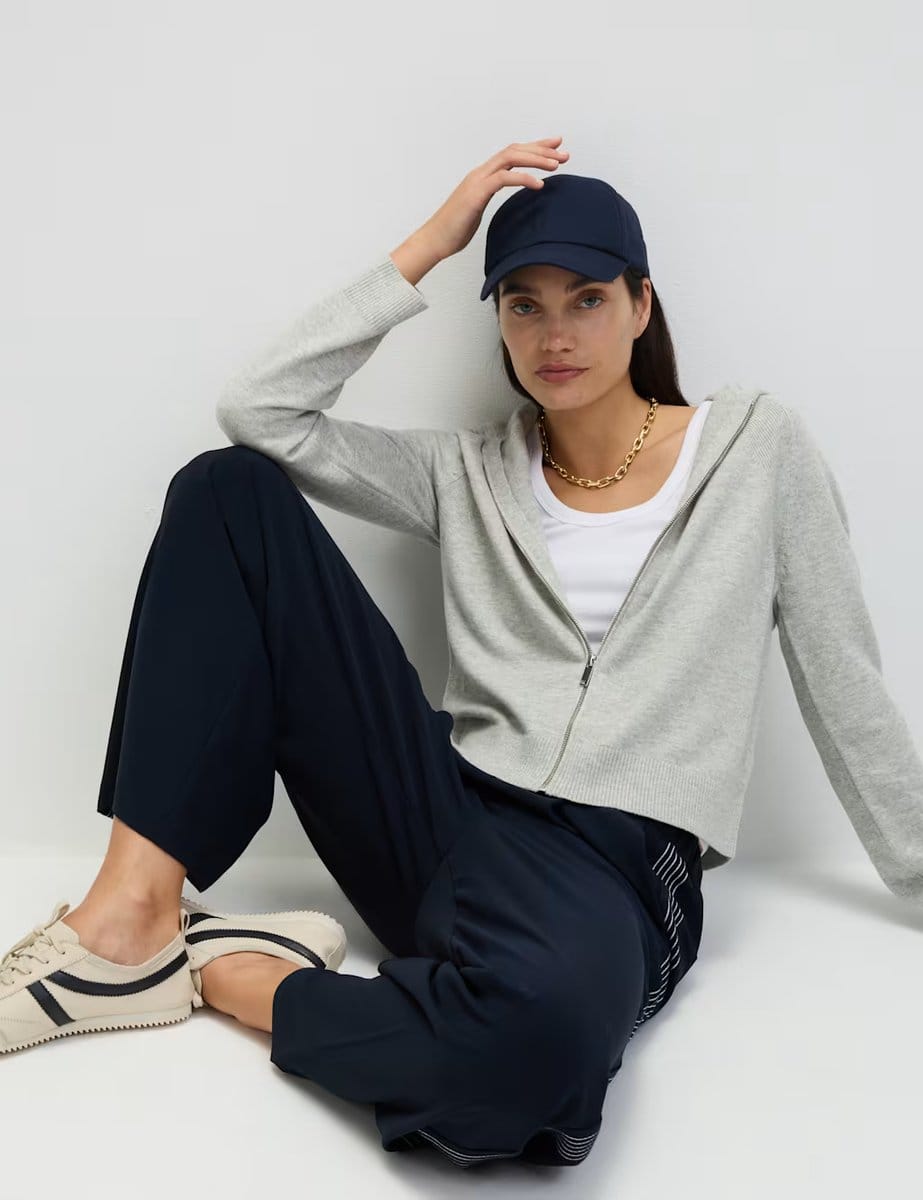 Marks & Spencer M&S Knitted Zip Up Cropped Hoodie Light Grey - 4