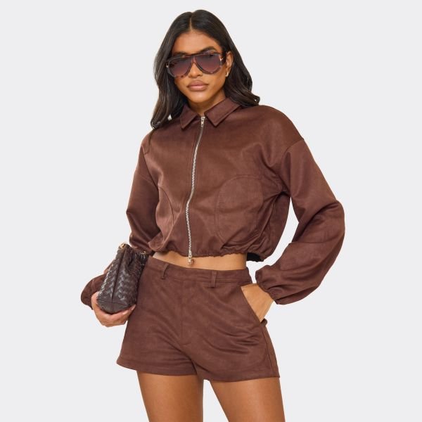 EGO Long Sleeve Zip Through Collar Neck Bomber Jacket In Brown Faux Suede, Women's Size UK 6 - 1