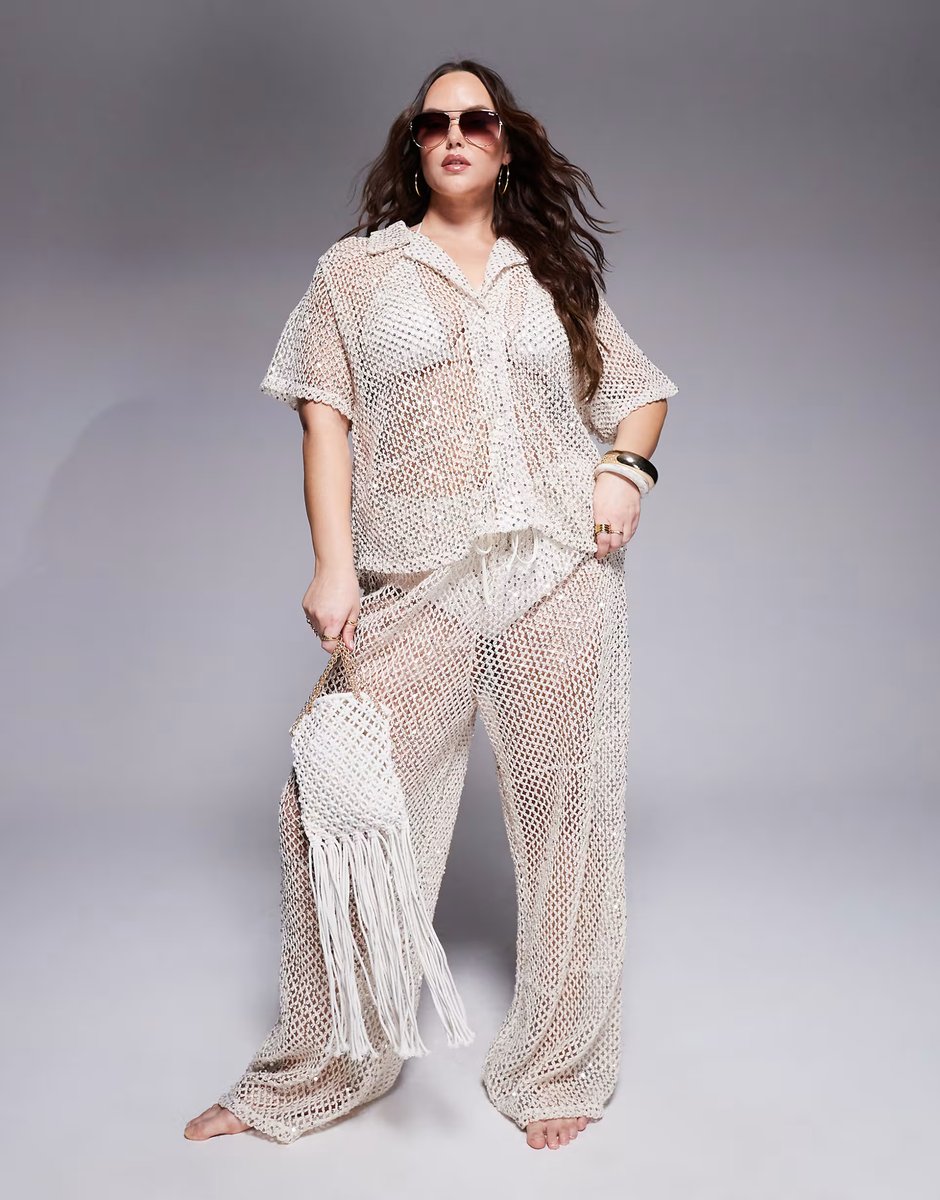 ASOS South Beach Curve crochet beach co-ord in cream - 1