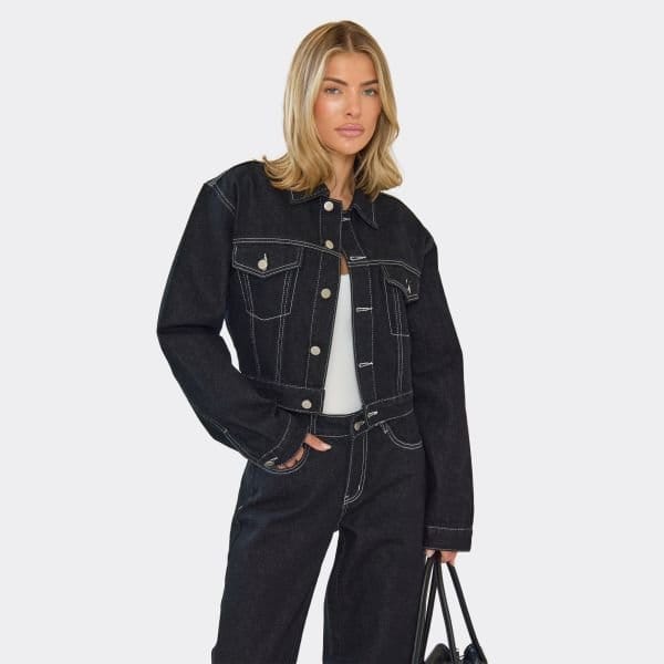 EGO Cinched Waist Seam Detail Cropped Jacket In Black Denim, Women's Size UK 6 - 1