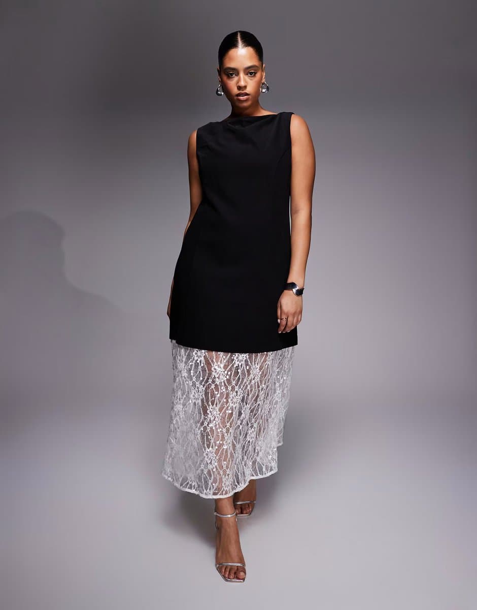 ASOS Renee Studio structured contrast sheer lace hem maxi dress in black & white