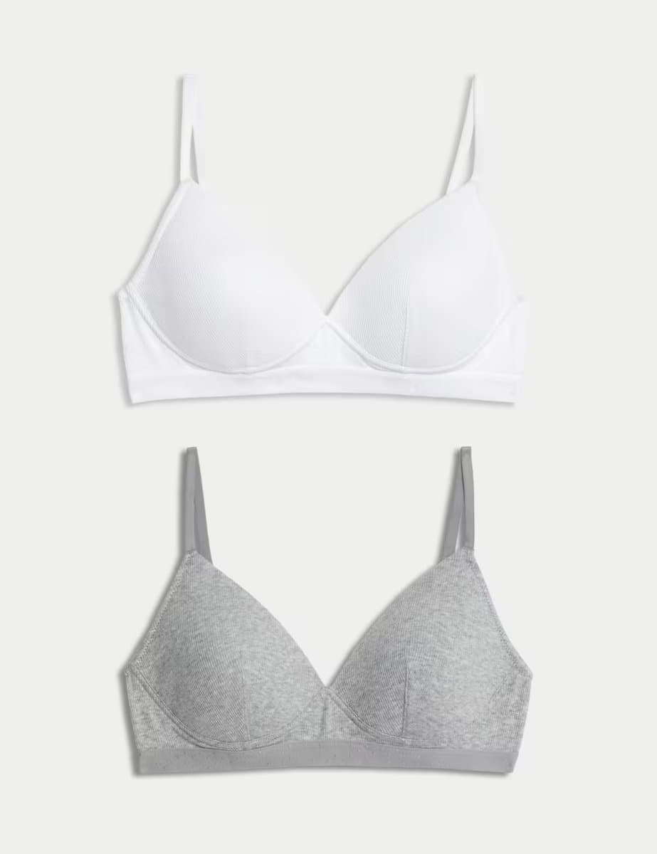 Marks & Spencer M&S 2 Pack Non Wired Cotton Rich Ribbed First Bras AA-D White Mix