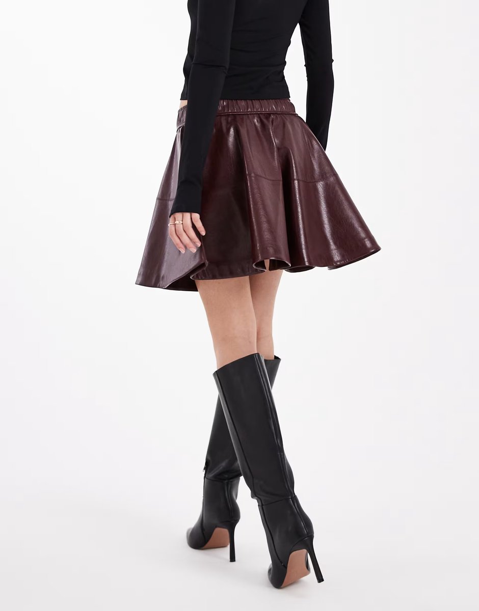 ASOS ONLY faux leather skater skirt in burgundy - 2