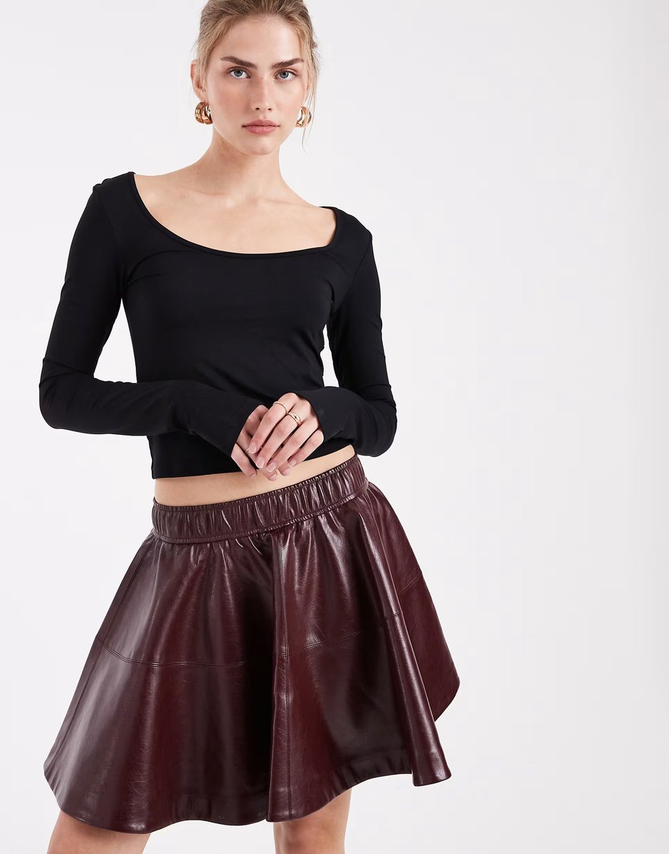 ASOS ONLY faux leather skater skirt in burgundy - 4