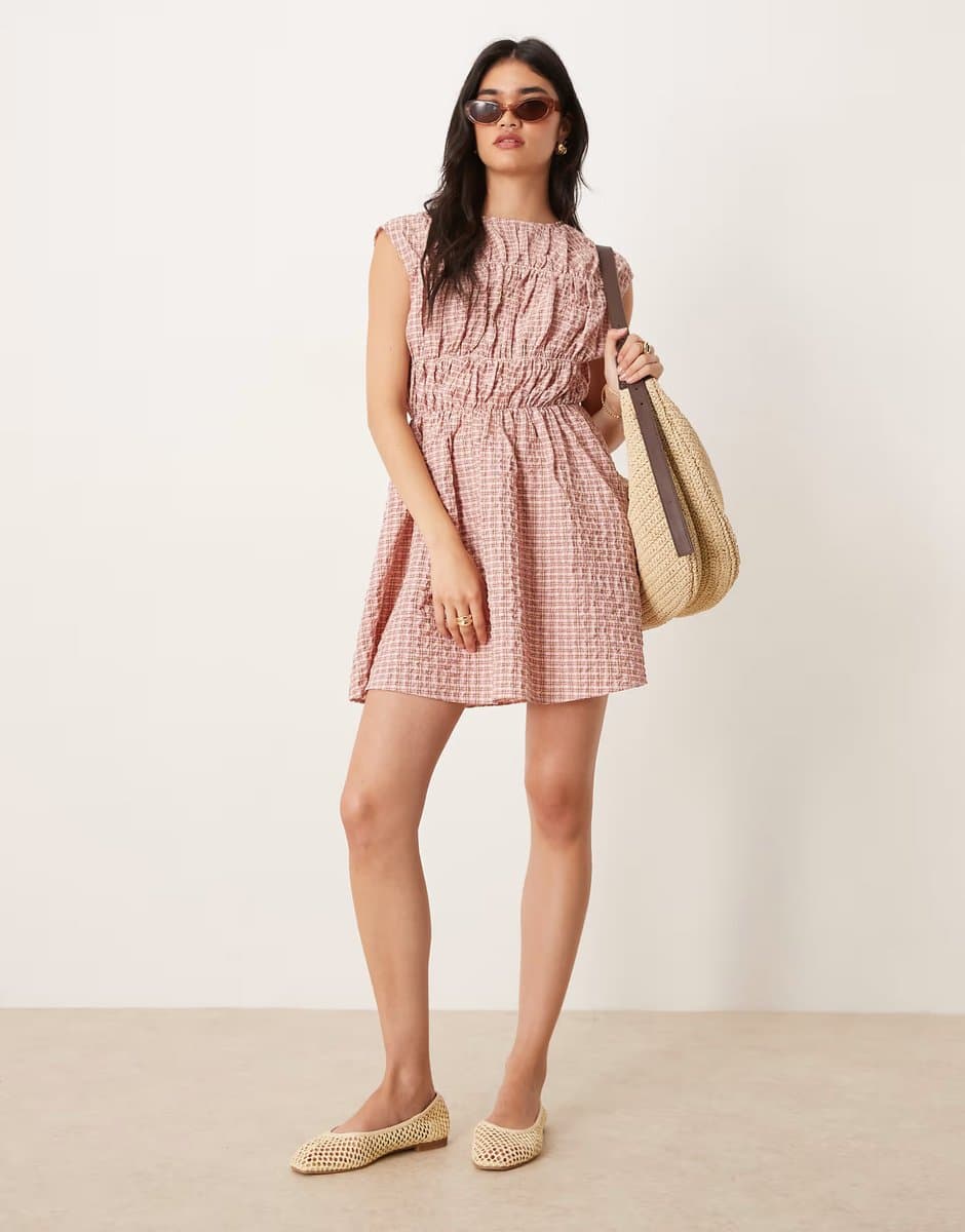 ASOS ASOS DESIGN ruched bodice double skirt mini dress in pink check