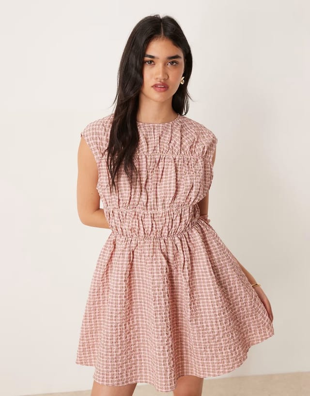 ASOS ASOS DESIGN ruched bodice double skirt mini dress in pink check - 3