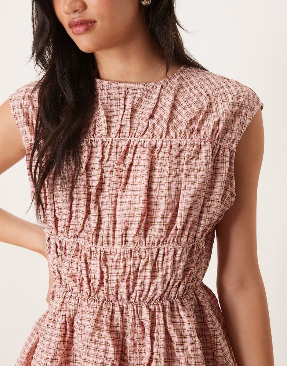 ASOS ASOS DESIGN ruched bodice double skirt mini dress in pink check - 4