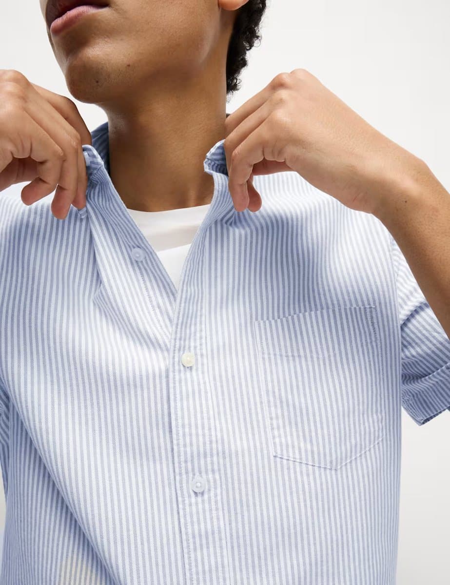 Marks & Spencer M&S Ultimate Pure Cotton Striped Oxford Shirt Blue Mix