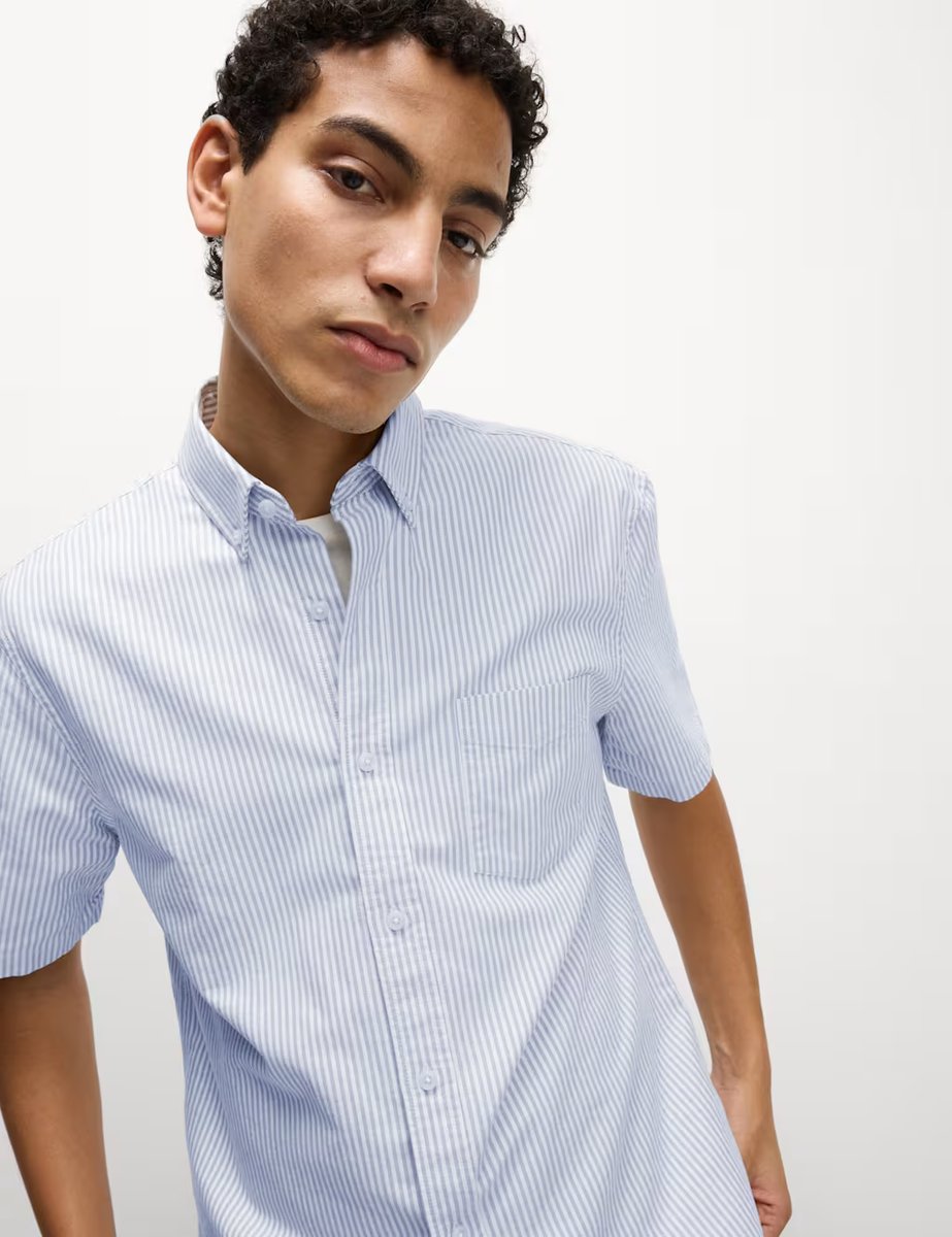 Marks & Spencer M&S Ultimate Pure Cotton Striped Oxford Shirt Blue Mix - 4