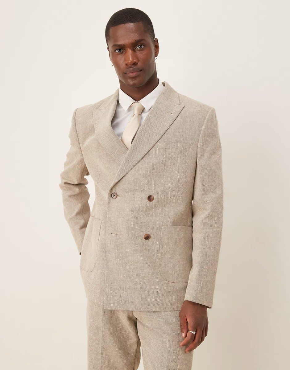 ASOS ASOS DESIGN cotton linen blend double breasted regular suit jacket in beige