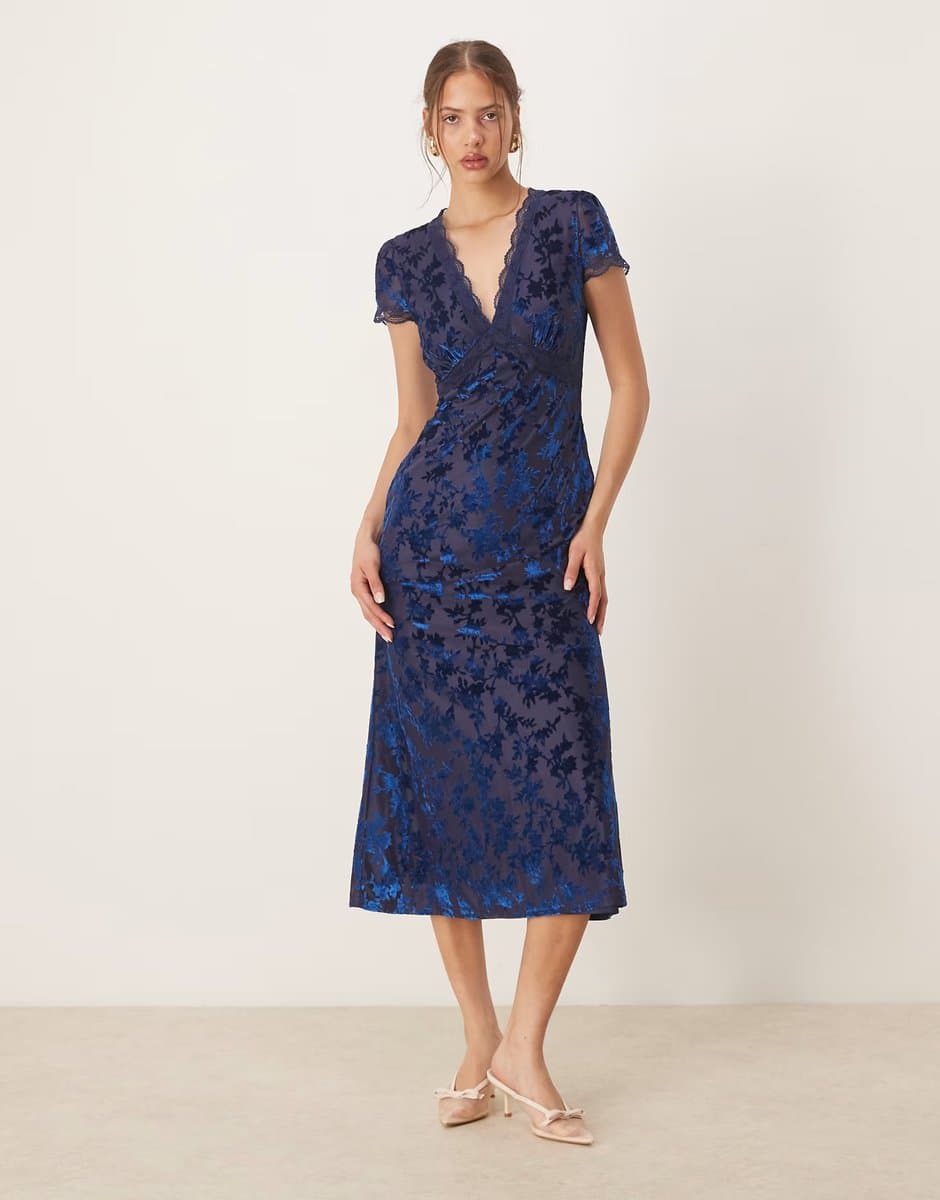 ASOS Maya Floral velvet devore v neck midaxi dress in navy