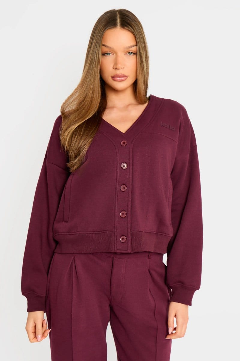 Kaiia Kaiia Logo Button Down Oversized Sweat Cardigan Dark Cherry - 1