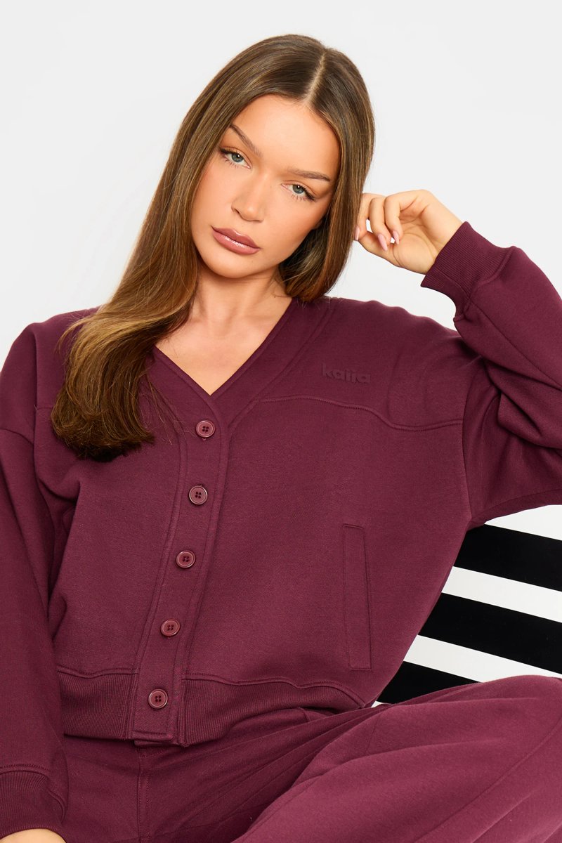 Kaiia Kaiia Logo Button Down Oversized Sweat Cardigan Dark Cherry - 2