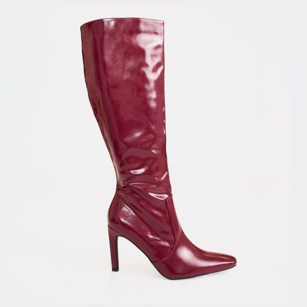 EGO Floor-It Pointed Toe Knee High Heeled Boot In Burgundy Faux Leather, Women's Size UK 8 - 2