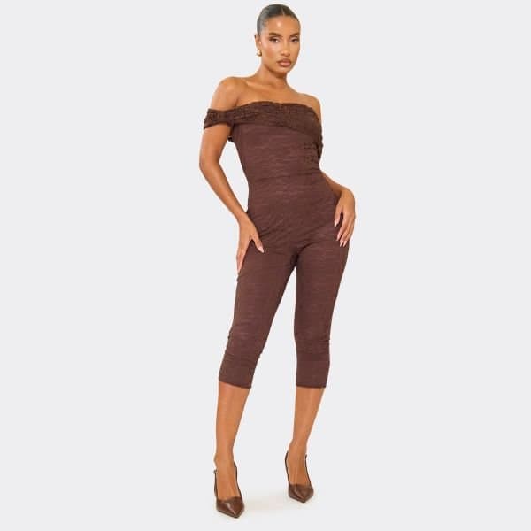 EGO Bardot Fold Over Detail Capri Jumpsuit In Chocolate Brown, Women's Size UK 6