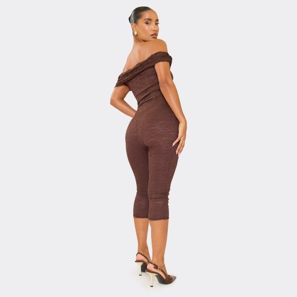 EGO Bardot Fold Over Detail Capri Jumpsuit In Chocolate Brown, Women's Size UK 6 - 2