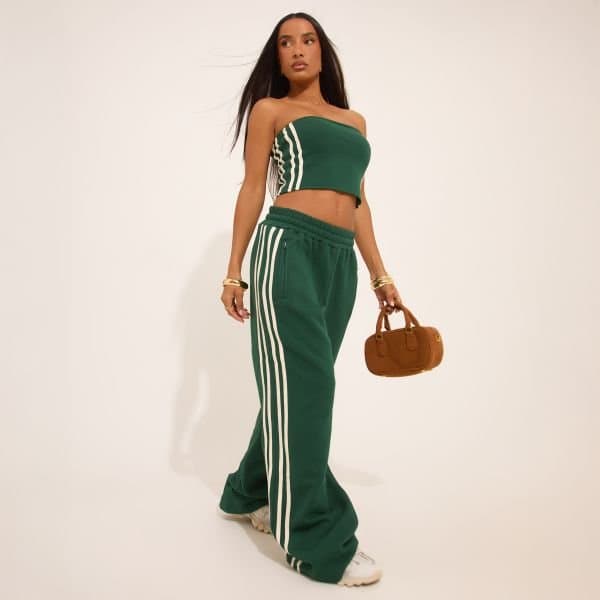 EGO High Waist Contrast Stripe Detail Wide Leg Joggers In Forest Green, Women's Size UK 4