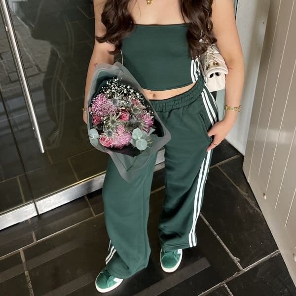 EGO High Waist Contrast Stripe Detail Wide Leg Joggers In Forest Green, Women's Size UK 4 - 2