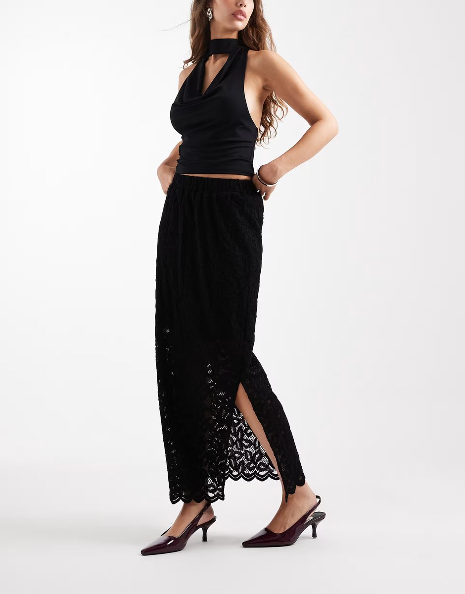 ASOS Pieces lace midi skirt in black - 2