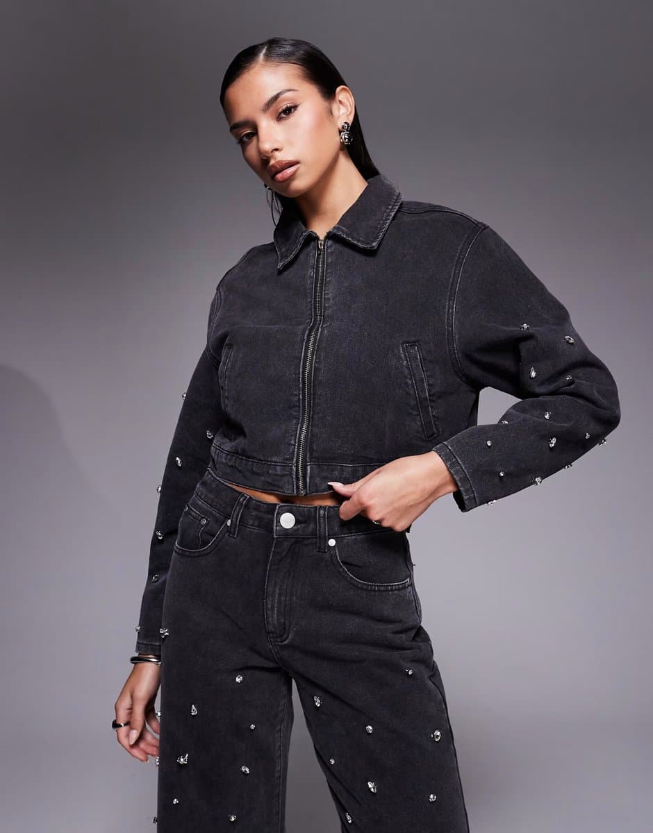 ASOS Liquor N Poker boxy embellished denim jacket co-ord in black