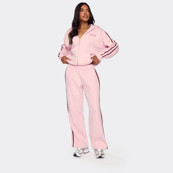EGO Oversized Mid Rise Contrast Stripe Wide Leg Joggers In Pink, Women's Size UK 4