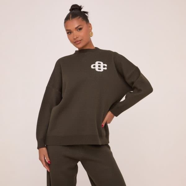 EGO High Neck Oversized Contrast Swirl Detail Sweatshirt In Dark Khaki Green Knit, Women's Size UK Large L
