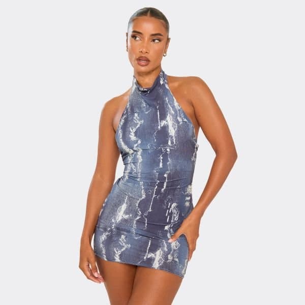 EGO High Neck Bodycon Mini Dress In Blue Abstract Print, Women's Size UK 6