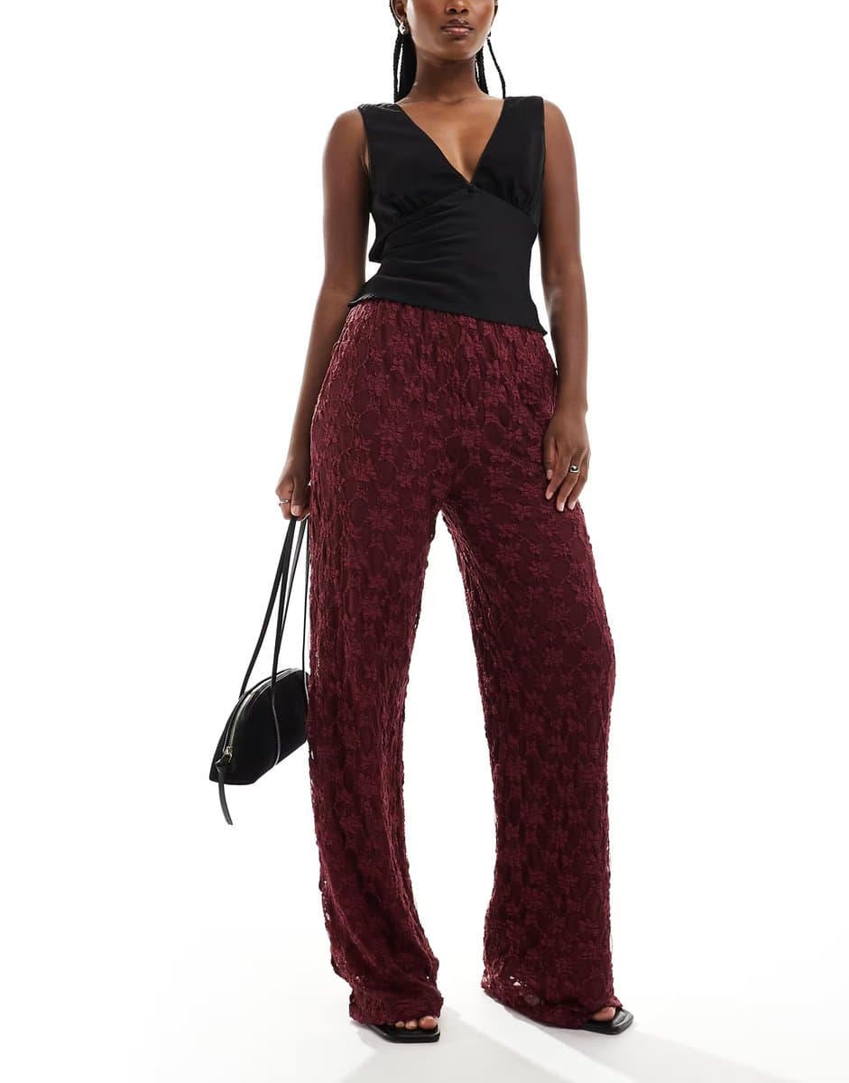 ASOS Thredbare wide leg lace trousers in burgundy