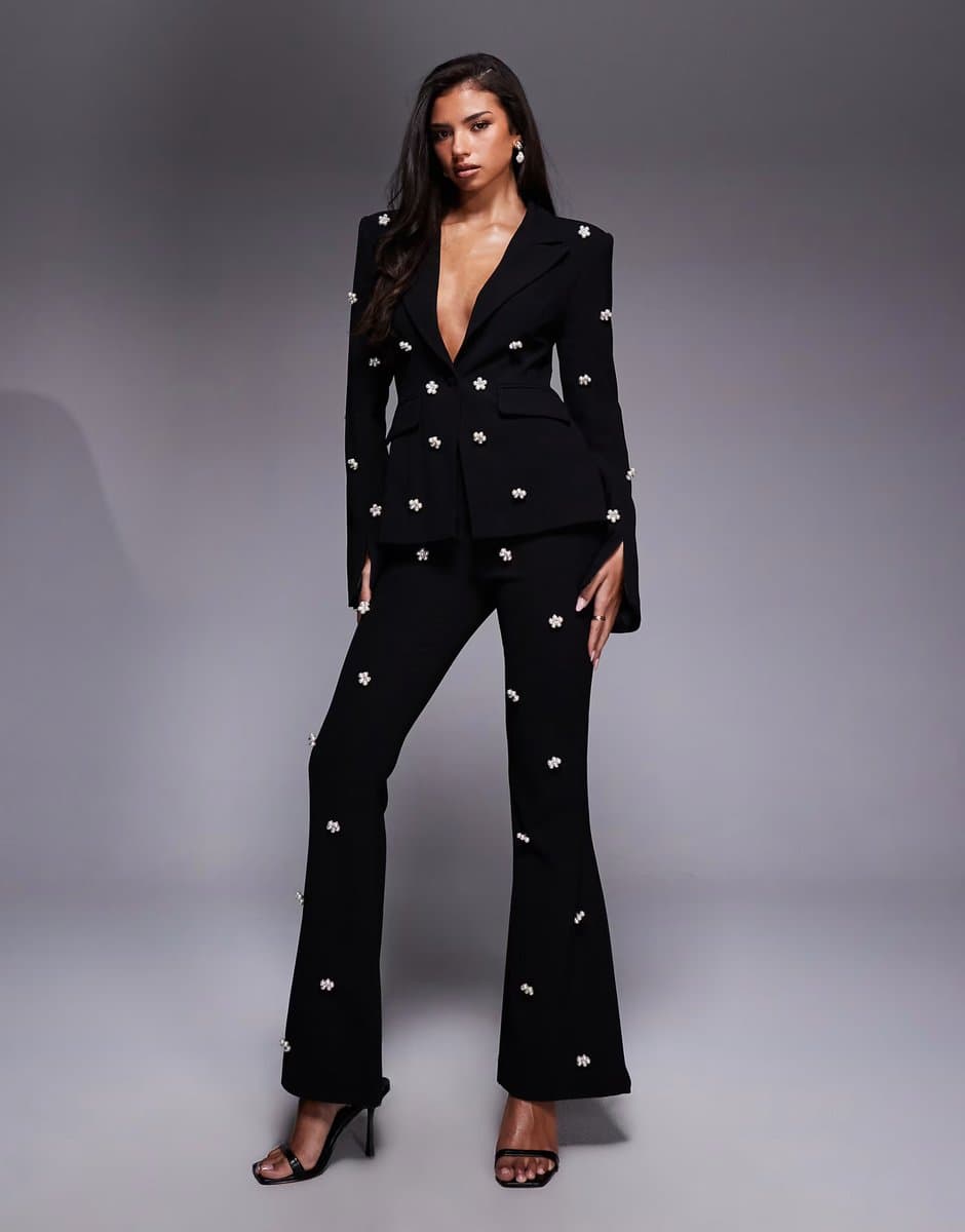 ASOS ASOS LUXE co-ord sculpted embellished blazer and flared trousers in black