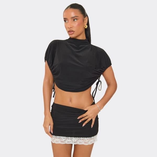 EGO High Neck Ruched Tie Side Detail Cape Top In Black, Women's Size UK 6