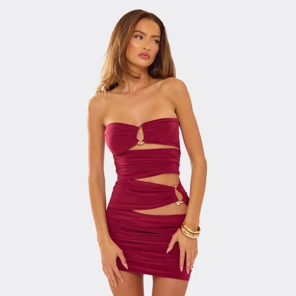 EGO Bandeau Cut Out Ruched Gold Trim Mini Dress In Burgundy, Women's Size UK 10