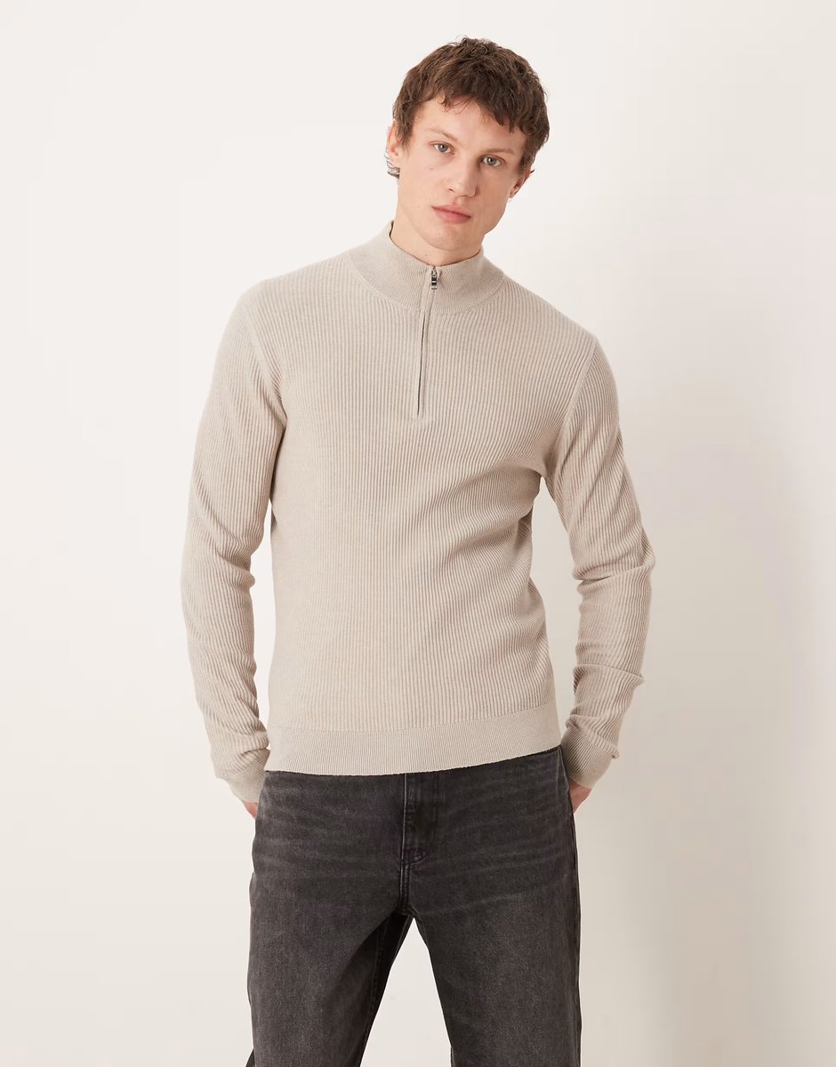 ASOS Mango cotton mix high neck quarter zip jumper in beige - 1