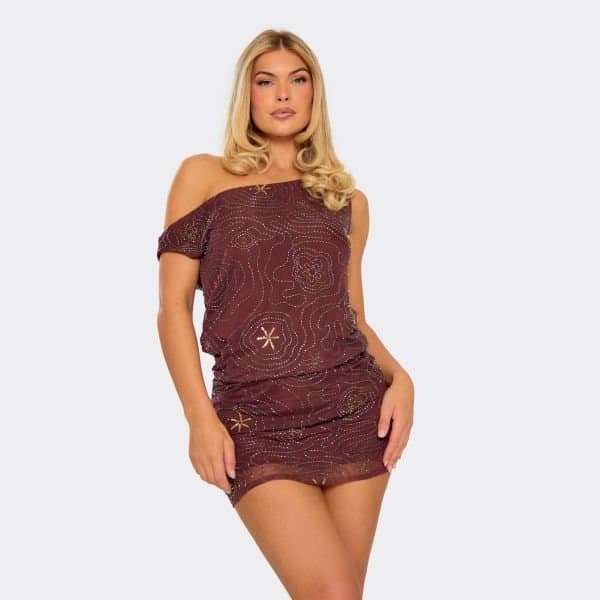 EGO Off The Shoulder Embellished Detail Mini Dress In Chocolate Brown, Women's Size UK 4