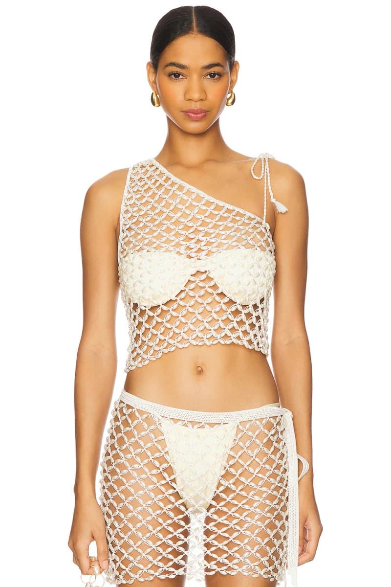 revolve Revolve Crochet Pearl Beaded One Shoulder Top in Ivory